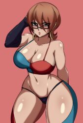 Rule 34 | 1girl, android 21, blue eyes, blush, breasts, brown hair, cleavage, curvy, darwaarts, detached sleeves, dragon ball, dragon ball fighterz, earrings, female focus, glasses, highres, jewelry, large breasts, looking at viewer, navel, shiny skin, short hair, solo, standing, thick thighs, thighs, wide hips
