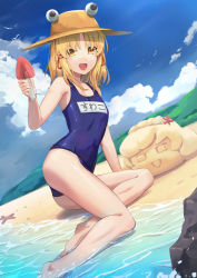 Rule 34 | 1girl, :d, ass, bare shoulders, barefoot, beach, bird, blonde hair, blue sky, cloud, day, hat, highres, hsin, long hair, looking at viewer, moriya suwako, ocean, one-piece swimsuit, open mouth, outdoors, school swimsuit, seagull, sky, smile, solo, starfish, swimsuit, touhou, yasaka kanako, yellow eyes