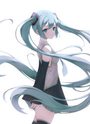 Rule 34 | 1girl, absurdly long hair, absurdres, aqua eyes, aqua hair, aqua necktie, black hair, black thighhighs, closed mouth, commentary, detached sleeves, hatsune miku, highres, long hair, looking at viewer, necktie, okey, pleated skirt, resolution mismatch, short hair, simple background, skirt, smile, solo, source smaller, thighhighs, thighs, twintails, very long hair, vocaloid, white background, zettai ryouiki