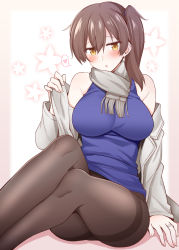 Rule 34 | 1girl, bare shoulders, black pantyhose, blush, breasts, brown hair, dress, floral background, hair between eyes, heart, holding, holding clothes, holding dress, jacket, jewelry, kaga (kancolle), kantai collection, knees up, large breasts, looking at viewer, open clothes, open jacket, open mouth, orange eyes, pantyhose, purple shirt, revision, ring, rui shi (rayze ray), scarf, shirt, short hair, side ponytail, sidelocks, simple background, sitting, sleeveless, sleeveless shirt, solo, spoken heart, thighband pantyhose, turtleneck