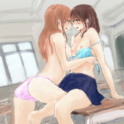 Rule 34 | 2girls, arched back, arm support, ass, bad id, bad pixiv id, bare shoulders, barefoot, between thighs, blush, bra, bra pull, breasts, brown hair, classroom, clothes pull, couple, desk, face-to-face, female focus, from behind, highres, leg up, long hair, looking at another, medium breasts, multiple girls, navel, nipples, on desk, open mouth, original, panties, pink panties, profile, school, school desk, sitting, small breasts, syou (endemic species), topless, underwear, underwear only, undressing, yuri