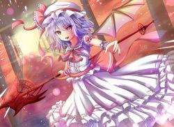 Rule 34 | &gt;:d, 1girl, :d, ascot, bat wings, blouse, bow, brooch, fang, frilled shirt collar, frills, hat, hat ribbon, highres, jewelry, light purple hair, long skirt, looking at viewer, mob cap, nail polish, open mouth, puffy short sleeves, puffy sleeves, red bow, red eyes, red nails, red ribbon, remilia scarlet, renka (cloudsaikou), ribbon, sash, shirt, short hair, short sleeves, skirt, smile, solo, spear the gungnir, touhou, v-shaped eyebrows, white shirt, white skirt, wings, wrist cuffs