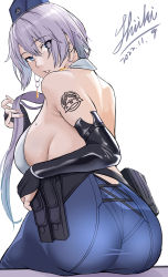 Rule 34 | 1girl, absurdres, ass, back, bare shoulders, belt, blue eyes, blue hat, blue skirt, breasts, brid (nikke), earrings, garrison cap, goddess of victory: nikke, grey hair, halterneck, hat, highres, jewelry, large breasts, long hair, looking at viewer, looking back, mole, mole on breast, parted lips, pouch, shiki (love-saber), shoulder tattoo, sitting, skirt, solo, tattoo, white background