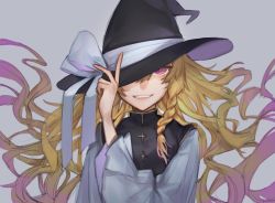 Rule 34 | 1girl, black hat, blonde hair, bow, braid, gradient background, grey background, hat, hat bow, highres, kirisame marisa, long hair, long sleeves, looking at viewer, shidaccc, smile, solo, touhou, upper body, very long hair, witch hat