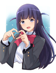 Rule 34 | 1girl, ayumu (ayumu3659), blue background, blue eyes, blunt bangs, blush, border, bow, bowtie, collared shirt, commentary, cropped torso, gradient background, grey jacket, hands up, heart, heart hands, highres, jacket, light particles, long hair, long sleeves, looking at viewer, open clothes, open jacket, open mouth, outside border, purple hair, red bow, red bowtie, school uniform, seishou music academy uniform, shirt, shoujo kageki revue starlight, sidelocks, smile, solo, tsuyuzaki mahiru, two side up, upper body, white border, white shirt