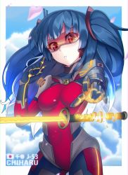 Rule 34 | 1girl, blue hair, blue sky, bodysuit, breasts, cloud, cloudy sky, covered navel, day, elbow gloves, gloves, goggles, gradient hair, high collar, highres, japanese flag, katana, long hair, looking at viewer, medium breasts, multicolored hair, original, parted lips, petals, pilot suit, red bodysuit, red eyes, sky, solo, sword, teeth, twintails, weapon, white hair, wintersteam