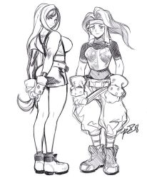 Rule 34 | 2girls, ankle boots, armor, arms behind back, asymmetrical sleeves, baggy pants, bodysuit, bodysuit under clothes, boots, breastplate, breasts, chainmail, commentary, english commentary, final fantasy, final fantasy vii, full body, gloves, headband, highres, jessie rasberry, large breasts, long hair, long legs, looking at viewer, looking back, medium hair, miniskirt, mismatched sleeves, multiple girls, pants, pencil skirt, robaato, sketch, skirt, small breasts, smile, square enix, suspender skirt, suspenders, tifa lockhart