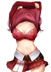 Rule 34 | 1girl, absurdres, arms up, belt, bra, breasts, cleavage, clothes lift, collarbone, covered face, cowboy shot, crossed arms, floral print, highleg, highleg panties, highres, hololive, houshou marine, large breasts, lifted by self, long sleeves, miniskirt, navel, nuts (hazel-nuts), panties, panty straps, pleated skirt, red bra, red hair, red panties, red shirt, red skirt, shirt, shirt lift, simple background, skirt, sleeves past wrists, solo, thighs, two-tone skirt, underwear, undressing, virtual youtuber, white background, white skirt
