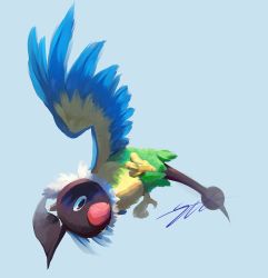 Rule 34 | absurdres, beak, bird, chatot, closed mouth, commentary, creatures (company), game freak, gen 4 pokemon, grey background, highres, likey, nintendo, no humans, pokemon, pokemon (creature), purple eyes, signature, solo, talons
