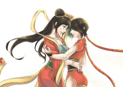 Rule 34 | 2girls, absurdres, alternate costume, alternate hairstyle, annie wong, black hair, breasts, china dress, chinese clothes, cleavage, double bun, dress, eye contact, firecracker jinx, forehead-to-forehead, green hair, guqin sona, hagoromo, hair tubes, heads together, highres, hug, jinx (league of legends), league of legends, long hair, looking at another, low twintails, multicolored hair, multiple girls, shawl, short dress, side slit, sona (league of legends), twintails, waist hug, yuri