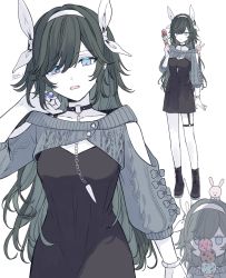 Rule 34 | 1girl, antenna hair, aqua eyes, black dress, black footwear, blue nails, boots, bow, bracelet, breasts, buttons, chain, covered mouth, curly hair, dress, food, full body, garter straps, green hair, grey sweater, hair between eyes, hair bow, hairband, highres, ice cream, ice cream cone, jewelry, long hair, medium breasts, multicolored eyes, multiple views, muon, nail polish, o-ring collar, original, pendant, pink eyes, platform footwear, shoelaces, single garter strap, standing, sweater, triple scoop, white bow, white hairband