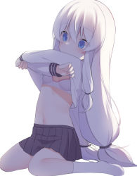 Rule 34 | 1girl, black skirt, blue eyes, bra, breasts, closed mouth, clothes lift, commentary request, hair between eyes, lifting own clothes, long hair, long sleeves, low twintails, navel, no shoes, pleated skirt, school uniform, serafuku, shirt, shirt lift, simple background, sitting, skirt, small breasts, socks, solo, soulworker, stella unibell, twintails, underwear, undressing, usagimiko, very long hair, wariza, white background, white bra, white hair, white shirt, white socks