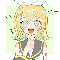 Rule 34 | 1girl, :d, bare shoulders, blonde hair, blush, bow, detached sleeves, fangs, green background, green eyes, hair bow, hair ornament, hairclip, headphones, headset, highres, kagamine rin, neckerchief, nnc225, number tattoo, open mouth, sailor collar, sailor shirt, shirt, shoulder tattoo, sleeveless, sleeveless shirt, smile, solo, tattoo, v, vocaloid, white bow, yellow nails, yellow neckerchief