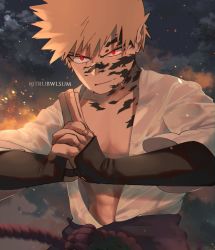 Rule 34 | 1boy, abs, artist name, bakugou katsuki, black gloves, blonde hair, boku no hero academia, clothing request, cloud, collarbone, commentary, cosplay, english commentary, facial mark, gloves, hands up, highres, long sleeves, male focus, muscular, naruto, naruto (series), night, open clothes, outdoors, own hands together, red eyes, shirt, short hair, solo, spiked hair, trubwlsum, uchiha sasuke, uchiha sasuke (cosplay), upper body, white shirt