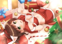 Rule 34 | 1girl, animal ears, bauble, blue ribbon, blurry, blush, bow, box, breasts, brown hair, capelet, cat ears, cat tail, christmas, christmas ornaments, christmas tree, cleavage, crop top, depth of field, fur-trimmed capelet, fur-trimmed skirt, fur trim, gift, gift box, glint, green eyes, hair bow, hands up, highres, idolmaster, idolmaster cinderella girls, knees up, kurisu-kun, long hair, looking at viewer, lying, maekawa miku, medium breasts, midriff, miniskirt, navel, on back, parted lips, paw pose, ponytail, red bow, red capelet, red ribbon, red skirt, ribbon, santa costume, sidelocks, skirt, smile, solo, stomach, tail, tail ornament, tail ribbon, tareme, yellow ribbon