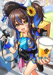 Rule 34 | 1girl, alcohol, animal ears, backpack, bag, baseball cap, beer, blue hair, blue nails, blue shirt, blurry, blurry background, blush, breasts, brown hair, colored inner hair, cup, daitaku helios (umamusume), day, disposable cup, ear covers, fang, fanny pack, feet out of frame, flower, hair between eyes, hair flower, hair ornament, hairclip, hat, holding, holding cup, horse ears, horse girl, horse tail, iro 178, long hair, multicolored hair, one side up, open mouth, outdoors, reaching, reaching towards viewer, shirt, short sleeves, small breasts, smile, solo, stairs, sunflower, sweat, tail, towel, twitter username, two-tone hair, umamusume, watermark, wristband, yellow eyes