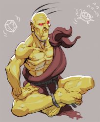 Rule 34 | 1boy, bald, belt, capcom, colored skin, indian style, male focus, muscular, oetaro, old, old man, oro, oro (street fighter), red eyes, rope, sitting, solo, street fighter, street fighter iii (series), yellow skin