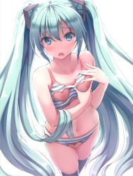 Rule 34 | 1girl, :o, alternate costume, aqua eyes, aqua hair, bare arms, bare shoulders, black thighhighs, blush, bra, breasts, clothing cutout, collarbone, crotchless, crotchless panties, embarrassed, eyebrows, from above, hair between eyes, hair ornament, hairclip, hatsune miku, heart, heart cutout, highres, long hair, looking at viewer, looking up, navel, nicoby, nippleless clothes, nipples, open mouth, panties, simple background, small breasts, solo, stomach, striped bra, striped clothes, striped panties, tareme, thighhighs, twintails, underwear, underwear only, very long hair, vocaloid, walking, white background