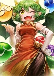 Rule 34 | 1girl, blush, breasts, brown eyes, china dress, chinese clothes, draco centauros, dragon girl, dragon horns, dragon tail, dress, elbow gloves, fang, gloves, green hair, hand on own hip, highres, horns, long hair, medium breasts, one eye closed, open mouth, oyu udon, pointing, pointing at viewer, pointy ears, puyo (puyopuyo), puyopuyo, red dress, short hair, smile, solo, tail, white gloves
