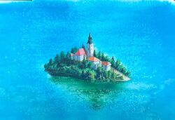 Rule 34 | atsumori177, blue background, building, highres, house, island, lake, no humans, original, painting (medium), scenery, tower, traditional media, tree, water