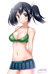 Rule 34 | 10s, 1girl, arms behind back, artist name, bare arms, bare shoulders, bikini, bikini top only, black hair, blue eyes, blue skirt, blush, breasts, cleavage, collarbone, female focus, green bikini, hair ribbon, halterneck, kantai collection, large breasts, legs, looking at viewer, microskirt, miniskirt, navel, neck, ribbon, short hair, simple background, skirt, smile, solo, souryuu (kancolle), standing, swimsuit, twintails, wavy mouth, yuuki hb