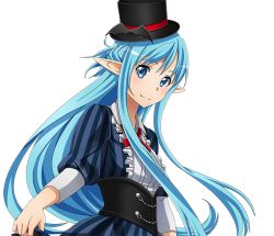 Rule 34 | 1girl, asuna (sao-alo), black hat, blue eyes, dress, fang, fang out, hat, looking at viewer, neck ribbon, pointy ears, red ribbon, ribbon, skirt hold, smile, solo, striped clothes, striped dress, sword art online, transparent background, upper body, vertical-striped clothes, vertical-striped dress