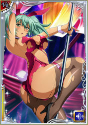 Rule 34 | 1girl, animal ears, ass, bare shoulders, blush, breasts, card (medium), curvy, dancing, detached collar, fake animal ears, female focus, green hair, highleg, highleg leotard, huge ass, ikkitousen, large breasts, legs up, leotard, long hair, looking at viewer, looking back, pantyhose, playboy bunny, pole dancing, rabbit ears, ryofu housen, shiny skin, solo, thighs, torn clothes