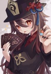 Rule 34 | 1girl, black hat, black nails, blush, brown hair, chinese clothes, collared coat, double-parted bangs, engasaki sakura, flower, flower-shaped pupils, genius invokation tcg, genshin impact, hair between eyes, hat, hat flower, hat tassel, highres, hu tao (genshin impact), jewelry, long hair, looking at viewer, multiple rings, plum blossoms, porkpie hat, red eyes, ring, sidelocks, simple background, solo, sparkle, symbol-shaped pupils, tongue, tongue out, trading card, upper body