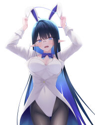 Rule 34 | 1girl, absurdres, animal ears, arms up, black hair, black pantyhose, blue archive, blue eyes, blue hair, blue halo, blush, breasts, cleavage, coat, colored inner hair, covered navel, cowboy shot, detached collar, fake animal ears, glasses, halo, highres, large breasts, leotard, long hair, long sleeves, midorino eni, multicolored hair, open mouth, pantyhose, playboy bunny, pointy ears, rabbit ears, rimless eyewear, rin (blue archive), simple background, solo, strapless, strapless leotard, two-sided coat, two-sided fabric, white background, white coat, white leotard