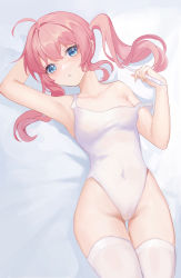 Rule 34 | 1girl, absurdres, arm behind head, arm up, bare arms, bare shoulders, bed sheet, blue eyes, blush, commentary request, covered navel, groin, hair between eyes, highres, holding, holding stylus, long hair, looking at viewer, one-piece swimsuit, original, parted lips, pink hair, school swimsuit, solo, strap slip, stylus, swimsuit, thigh gap, thighhighs, thighs, twintails, white one-piece swimsuit, white thighhighs, yinranluo