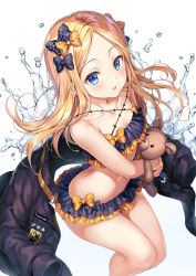 Rule 34 | 1girl, abigail williams (emerald float) (fate), abigail williams (fate), abigail williams (traveling outfit) (fate), bare arms, bare legs, bare shoulders, bikini, black bikini, black bow, black jacket, blonde hair, blue eyes, blush, bow, collarbone, hugging doll, emerald float, fate/grand order, fate (series), feet out of frame, floating hair, frilled bikini, frills, hair bow, jacket, unworn jacket, long hair, long sleeves, looking at viewer, navel, hugging object, official alternate costume, orange bow, parted bangs, parted lips, polka dot, polka dot bow, r o ha, sidelocks, simple background, solo, star (symbol), stomach, stuffed animal, stuffed toy, swimsuit, teddy bear, thighs, water, white background