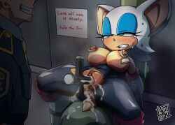 Rule 34 | aftersex, aku tojyo, anus, breasts, breasts out, cum, cum in ass, cum in pussy, furry, highres, large breasts, object insertion, piercing, pussy, restrained, rouge the bat, sonic (series), sweatdrop, tonfa, uncensored, weapon