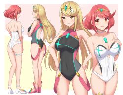 Rule 34 | 2girls, 6oryo, absurdres, ahoge, ass, bare shoulders, blonde hair, blush, breasts, competition swimsuit, cosplay, costume switch, from behind, highres, large breasts, long hair, looking at viewer, looking back, multiple girls, multiple views, mythra (radiant beach) (xenoblade), mythra (xenoblade), one-piece swimsuit, pyra (pro swimmer) (xenoblade), pyra (xenoblade), red eyes, red hair, ryochan96154, shiny clothes, shiny skin, short hair, sideboob, smile, swimsuit, very long hair, xenoblade chronicles (series), xenoblade chronicles 2, yellow eyes