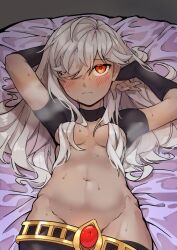 Rule 34 | 1girl, arm behind head, bed sheet, belt, blush, breasts, cleavage, commentary request, cyno (genshin impact), dark-skinned female, dark skin, genderswap, genderswap (mtf), genshin impact, grey hair, groin, gurumarider(gr), highres, long hair, looking at viewer, lying, medium breasts, navel, on back, red eyes, short sleeves, sidelocks, solo, stomach, sweat