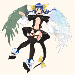 Rule 34 | 1girl, arc system works, asymmetrical wings, bad id, bad pixiv id, blue hair, breasts, dizzy (guilty gear), guilty gear, highres, large breasts, legs, midriff, mikazukimo, red eyes, ribbon, solo, tail, tail ornament, tail ribbon, thighhighs, underboob, wings