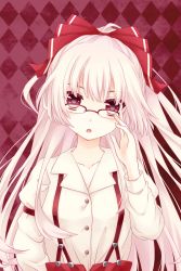 Rule 34 | 1girl, argyle, argyle background, argyle clothes, bespectacled, bow, dress shirt, female focus, fujiwara no mokou, glasses, hair bow, head tilt, highres, hime cut, kai aki, long hair, looking at viewer, open mouth, red eyes, shirt, silver hair, solo, suspenders, touhou, upper body
