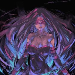Rule 34 | 1girl, bare shoulders, breasts, closed mouth, detached sleeves, dress, facial mark, fate/stay night, fate (series), forehead mark, highres, kazama raita, long hair, medusa (fate), medusa (rider) (fate), purple hair, simple background, solo, strapless, strapless dress, very long hair
