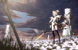 Rule 34 | 1girl, absurdres, alchemy stars, antlers, burning, cloud, cloudy sky, colored skin, commentary request, field, flower, flower field, flower request, full body, gauntlets, grass, high collar, highres, holding, holding polearm, holding spear, holding weapon, horns, huge filesize, killert 0401, knee pads, light rays, long legs, looking afar, petals, planted, planted sword, planted weapon, polearm, requiem (alchemy stars), rock, short hair, sky, solo, spear, standing, sunbeam, sunlight, sword, weapon, white hair, white skin, yellow eyes