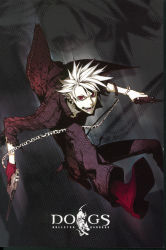 Rule 34 | 1boy, boots, chain, dogs: bullets &amp; carnage, earrings, gloves, gun, haine rammsteiner, highres, jewelry, male focus, miwa shirow, official art, red eyes, solo, weapon, white hair