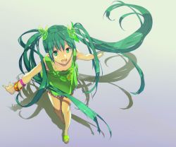 Rule 34 | 1girl, bad id, bad pixiv id, bracelet, downblouse, dress, food, from above, fruit, green eyes, green hair, green nails, hatsune miku, jewelry, lime (fruit), long hair, matching hair/eyes, nail polish, necklace, slippers, solo, tsujisaki (coa3), tujisaki, twintails, very long hair, vocaloid