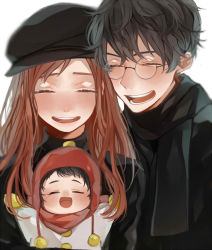 Rule 34 | 1girl, 2boys, aged down, baby, brown hair, chullo, coat, father and son, glasses, harry potter, harry potter (series), harry potter and the philosopher&#039;s stone, hat, highres, james potter, lily evans, long hair, mother and son, multiple boys, red hair, scarf, short hair, smile, winter clothes, winter coat, wizarding world