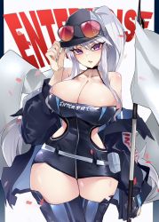 Rule 34 | 1girl, alternate costume, azur lane, breasts, cleavage, collarbone, english text, enterprise (azur lane), enterprise (wind catcher) (azur lane), eyewear on head, flag, glasses, hat, holding, holding flag, kive, large breasts, long hair, looking at viewer, open mouth, ponytail, purple eyes, silver hair, solo, thighhighs, upper body