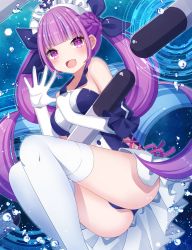 Rule 34 | 1girl, :d, absurdres, adapted costume, ahoge, ass, azur lane, bare shoulders, braid, breasts, bubble, colored inner hair, gloves, hair ribbon, highres, hololive, long hair, looking at viewer, maid headdress, minato aqua, multicolored hair, one-piece swimsuit, open mouth, purple eyes, purple hair, ribbon, sapphire (sapphire25252), sidelocks, small breasts, smile, solo, streaked hair, swimsuit, thighhighs, torpedo, twintails, two-tone hair, very long hair, virtual youtuber, white gloves, white thighhighs