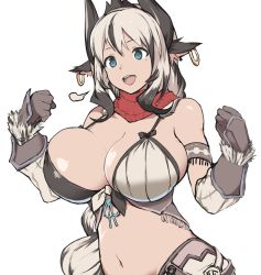 Rule 34 | 1girl, adapted costume, alternate hair color, animal ears, armband, black hair, blue eyes, braid, braided bun, breasts, brown gloves, cleavage, cow ears, cowboy shot, earrings, ewokakuman, falcom, gloves, hair bun, highres, hoop earrings, huge breasts, jewelry, leather, leather gloves, long hair, midriff, mole, mole under eye, multicolored hair, navel, open mouth, raging bull (ys), silver hair, simple background, smile, solo, two-tone hair, white background, ys, ys ix monstrum nox