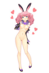 Rule 34 | 1girl, :q, bad id, bad pixiv id, black gloves, blue eyes, breasts, cleft of venus, collar, contrapposto, elbow gloves, fantasy earth zero, flower, full body, gloves, gluteal fold, heart, heart-shaped pupils, henshitai (user cuvp2733), highres, long hair, looking at viewer, medium breasts, navel, nipples, nude, pink hair, purple flower, pussy, solo, standing, symbol-shaped pupils, tongue, tongue out, twintails, white background