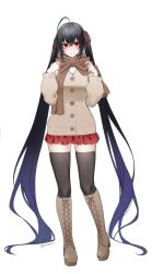 Rule 34 | 1girl, absurdly long hair, alternate costume, azur lane, black hair, blush, boots, brown jacket, casual, hair between eyes, hair ribbon, hands up, high heel boots, high heels, highres, jacket, knee boots, long hair, looking at viewer, miniskirt, pleated skirt, red eyes, red ribbon, red skirt, ribbon, skindentation, skirt, smile, solo, standing, taihou (azur lane), thighhighs, twintails, very long hair, winter clothes, yorugami rei