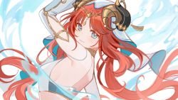 Rule 34 | 1girl, aihara (aiharaorenji), arabian clothes, blue eyes, blue veil, dancing, fake horns, forehead jewel, genshin impact, harem outfit, highres, horns, long hair, looking at viewer, low twintails, nilou (genshin impact), red hair, smile, solo, twintails