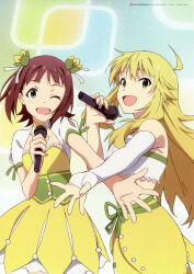 Rule 34 | 2girls, absurdres, ahoge, akai toshifumi, amami haruka, blonde hair, brown hair, dress, fingerless gloves, gloves, green eyes, hair ribbon, highres, holding, holding microphone, hoshii miki, idolmaster, idolmaster (classic), long hair, microphone, multiple girls, official art, one eye closed, outstretched arm, ribbon, smile, yellow dress