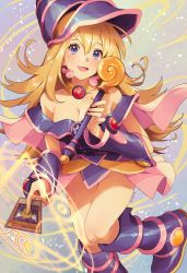 Rule 34 | 1girl, :d, blonde hair, blue eyes, blue hat, breasts, card, cleavage, dark magician girl, detached sleeves, duel monster, hat, highres, holding, holding card, holding staff, large breasts, long hair, looking at viewer, magic circle, nail polish, open mouth, smile, solo, staff, syertse, winged kuriboh, wizard hat, yu-gi-oh!