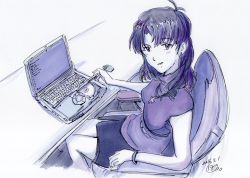 Rule 34 | 1girl, artist request, black dress, blush, bracelet, breasts, chair, computer, cross, cross necklace, crucifix, dated, desk, dress, earrings, jewelry, katsuragi misato, keyboard (computer), laptop, long hair, looking at viewer, marker (medium), medium breasts, monochrome, mouse (computer), necklace, neon genesis evangelion, office chair, open mouth, parted bangs, sitting, sketch, swivel chair, touchpad, traditional media